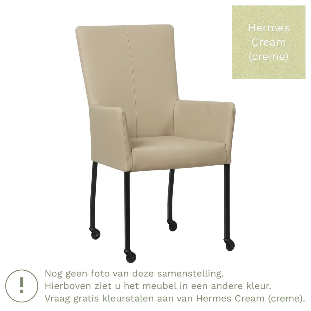 afbeelding van Leren eetkamerstoel Deal met armleuning - Hermes Cream (crème) - Poten staal vierkant RVS