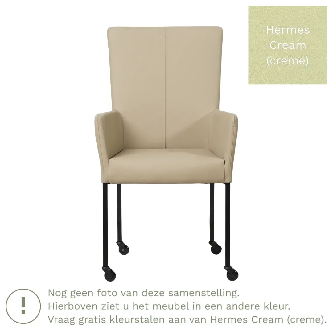 afbeelding van Leren eetkamerstoel Deal met armleuning - Hermes Cream (crème) - Poten staal vierkant zwart