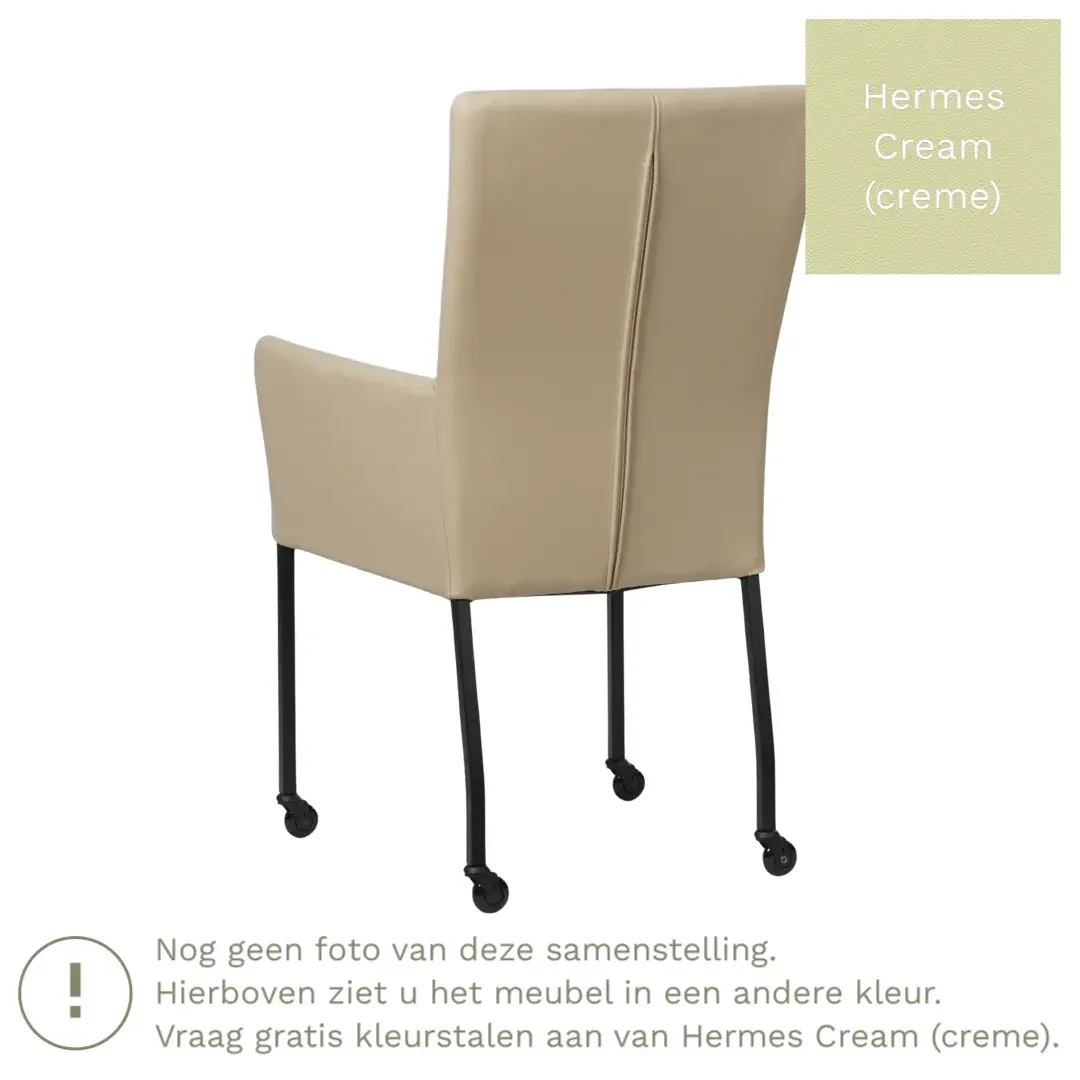 afbeelding van Leren eetkamerstoel Deal met armleuning - Hermes Cream (crème) - Poten staal vierkant zwart