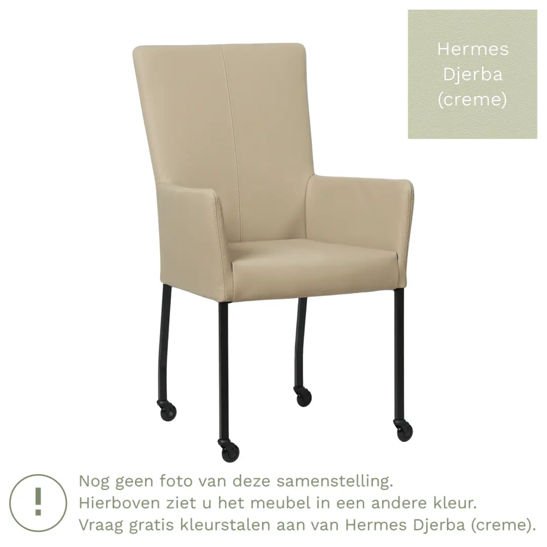 afbeelding van Leren eetkamerstoel Deal met armleuning - Hermes Djerba (crème) - Poten staal vierkant zwart
