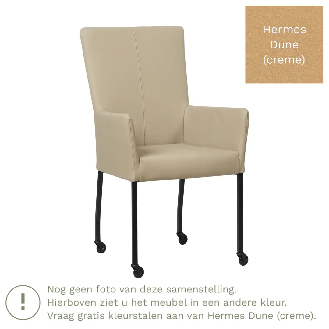 afbeelding van Leren eetkamerstoel Deal met armleuning - Hermes Dune (crème) - Poten staal vierkant RVS