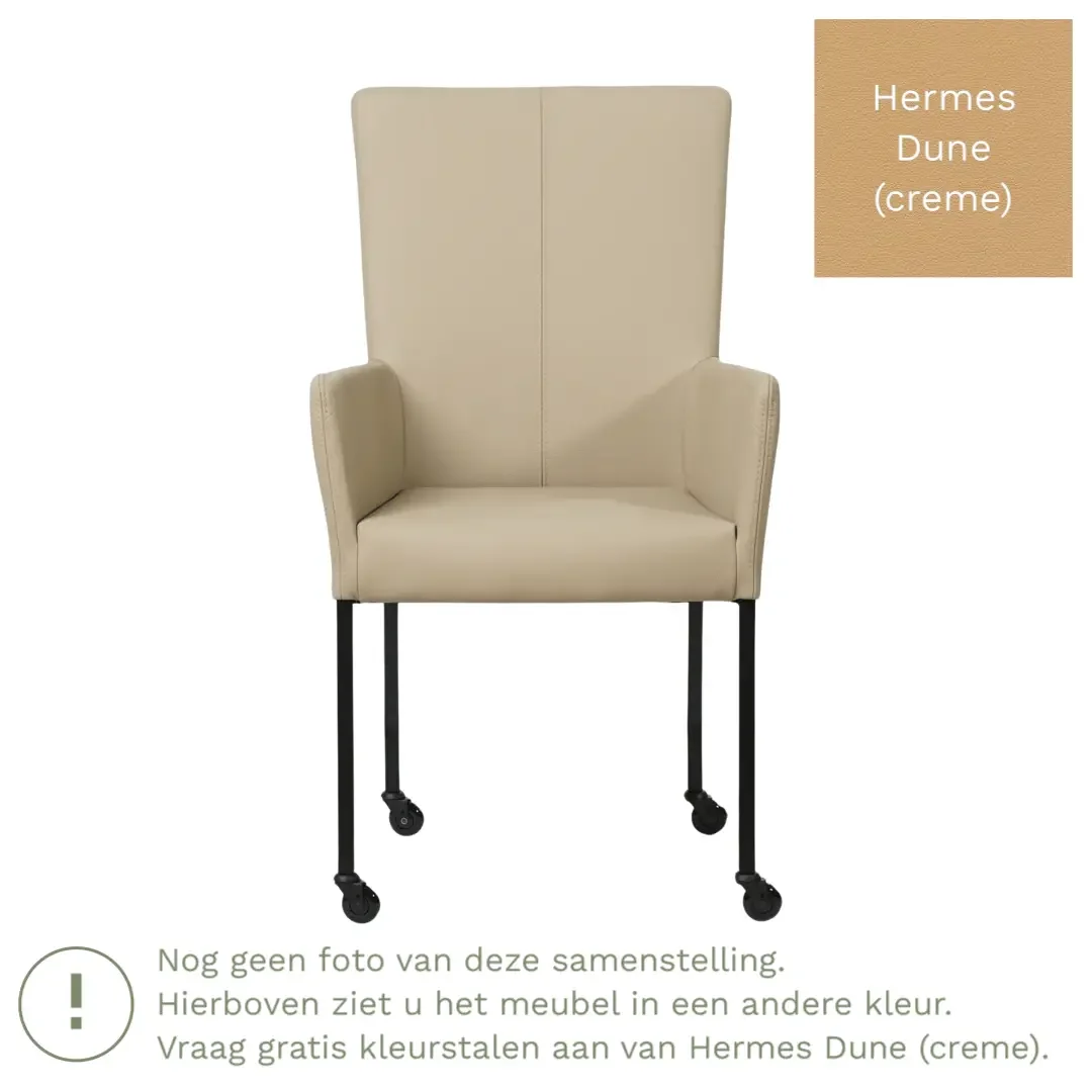 afbeelding van Leren eetkamerstoel Deal met armleuning - Hermes Dune (crème) - Poten staal vierkant zwart