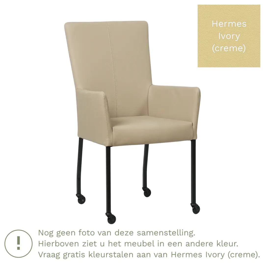afbeelding van Leren eetkamerstoel Deal met armleuning - Hermes Ivory (crème) - Poten staal vierkant zwart