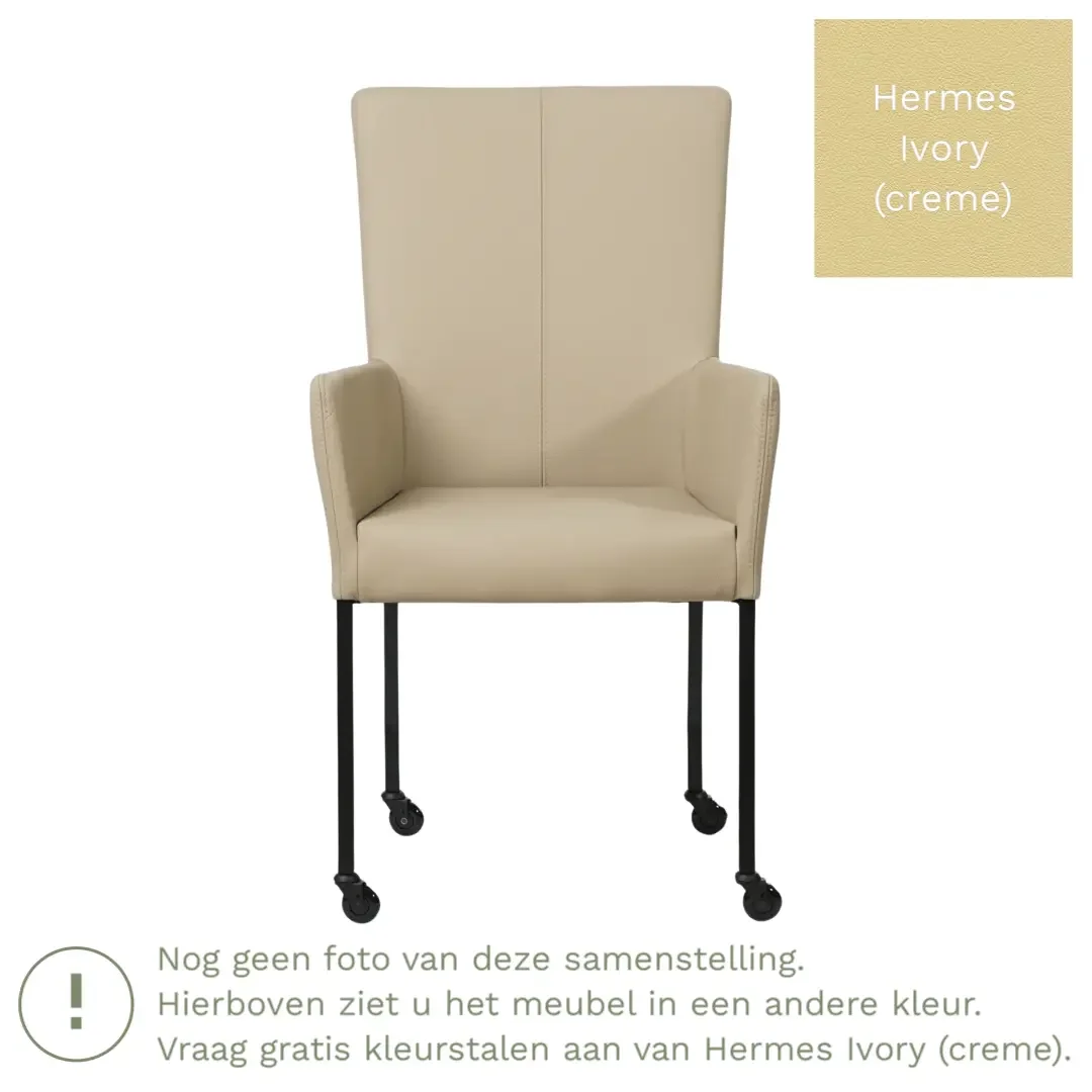 afbeelding van Leren eetkamerstoel Deal met armleuning - Hermes Ivory (crème) - Poten staal vierkant zwart