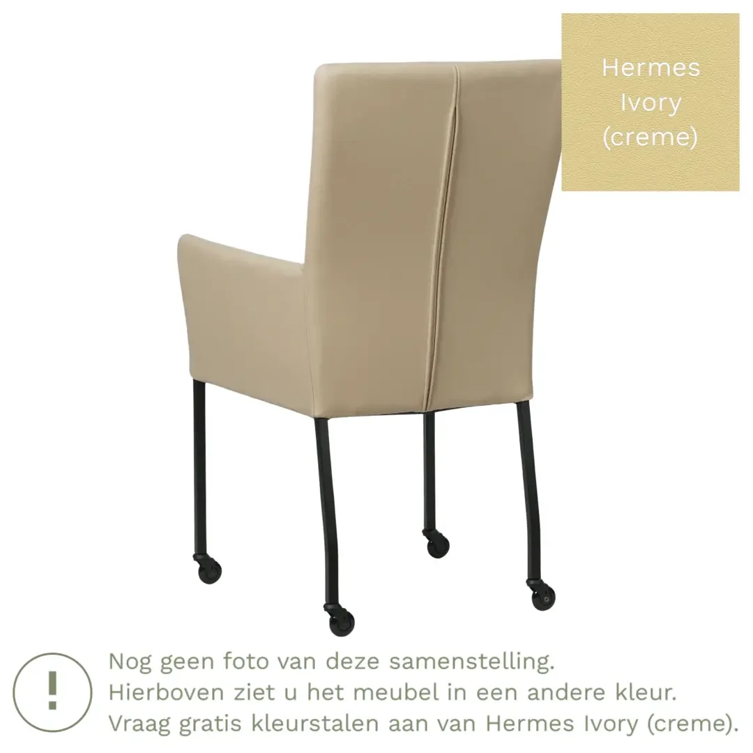 afbeelding van Leren eetkamerstoel Deal met armleuning - Hermes Ivory (crème) - Poten staal vierkant zwart