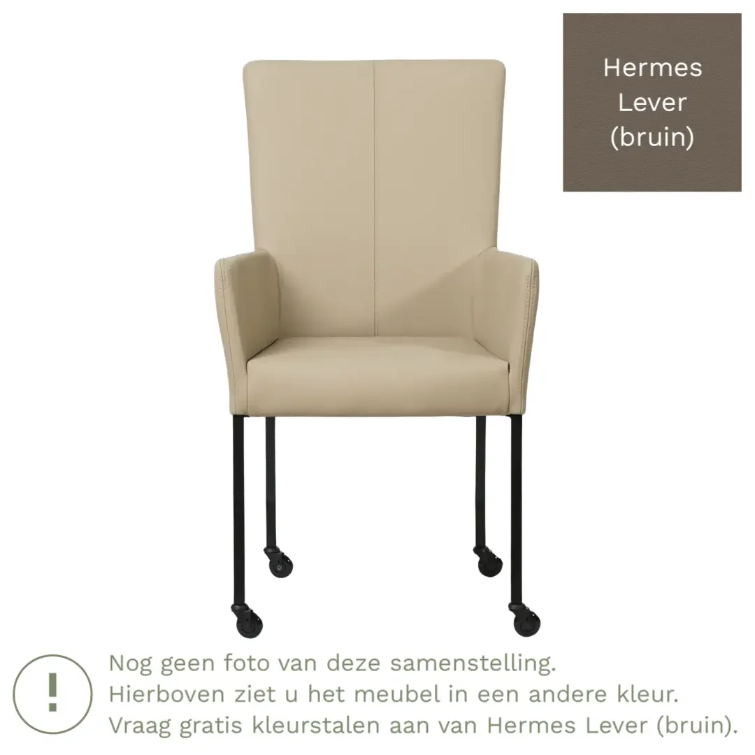 afbeelding van Leren eetkamerstoel Deal met armleuning - Hermes Lever (bruin) - Poten staal vierkant RVS