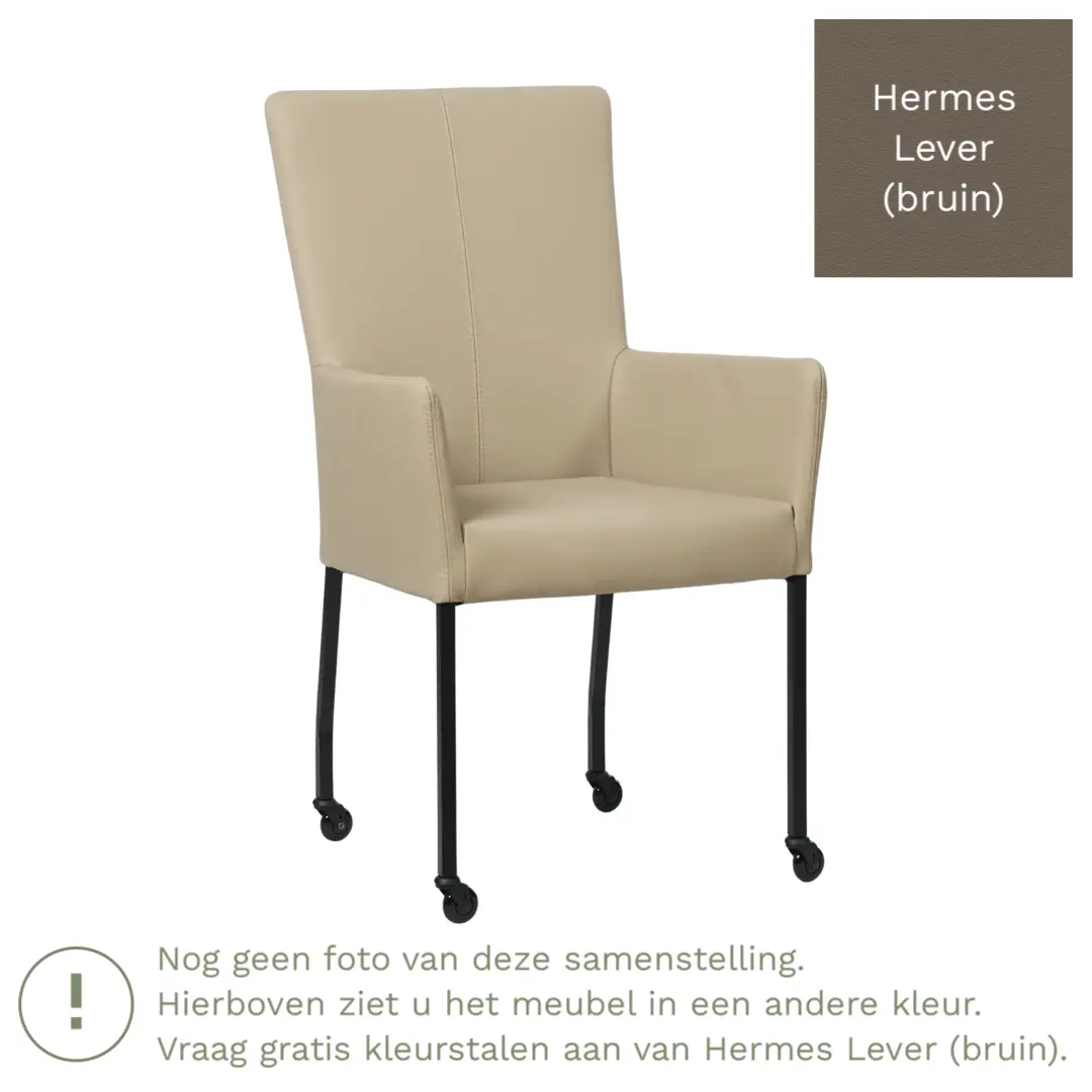 afbeelding van Leren eetkamerstoel Deal met armleuning - Hermes Lever (bruin) - Poten staal vierkant zwart