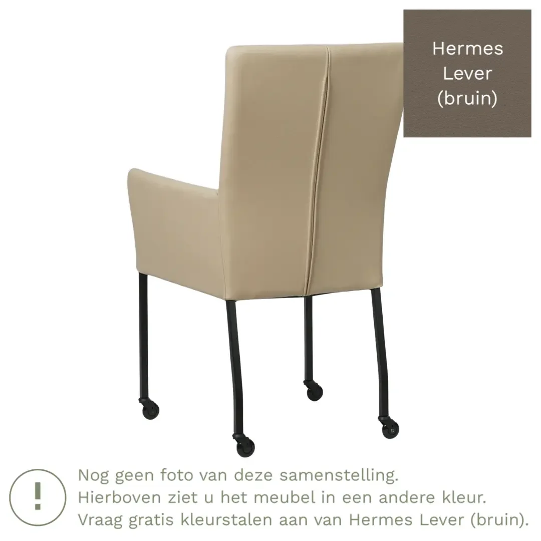 afbeelding van Leren eetkamerstoel Deal met armleuning - Hermes Lever (bruin) - Poten staal vierkant zwart
