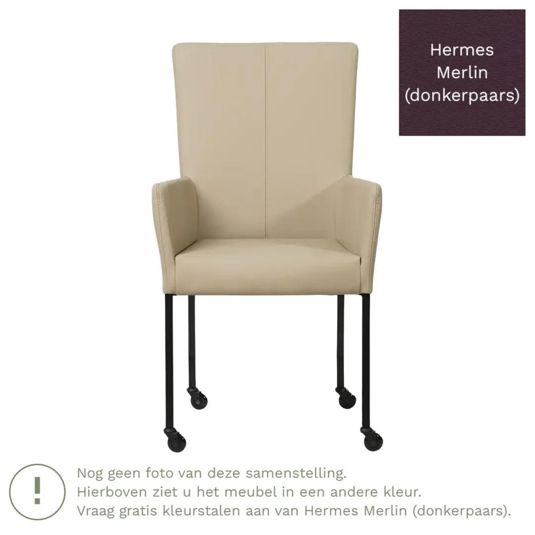 afbeelding van Leren eetkamerstoel Deal met armleuning - Hermes Merlin (donkerpaars) - Poten staal vierkant RVS