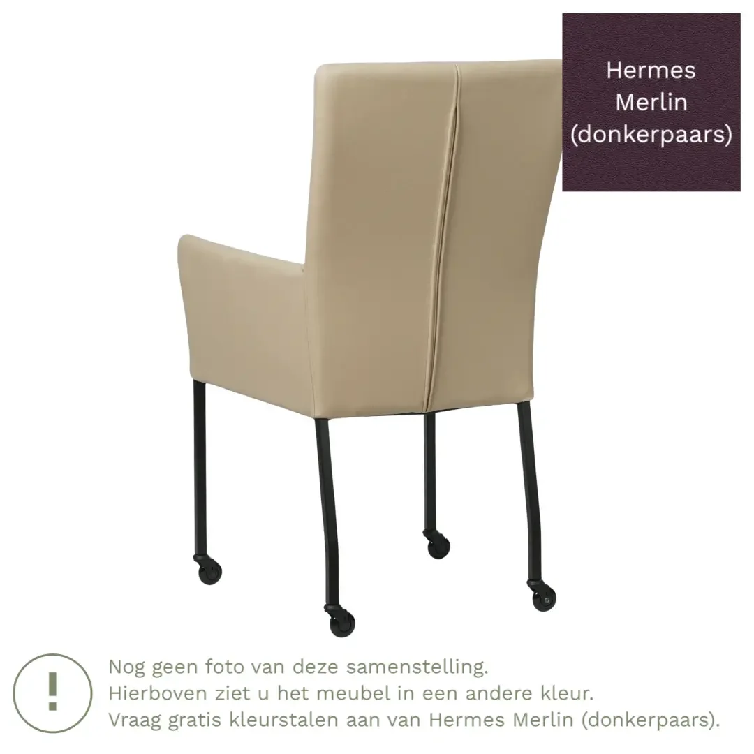 afbeelding van Leren eetkamerstoel Deal met armleuning - Hermes Merlin (donkerpaars) - Poten staal vierkant RVS