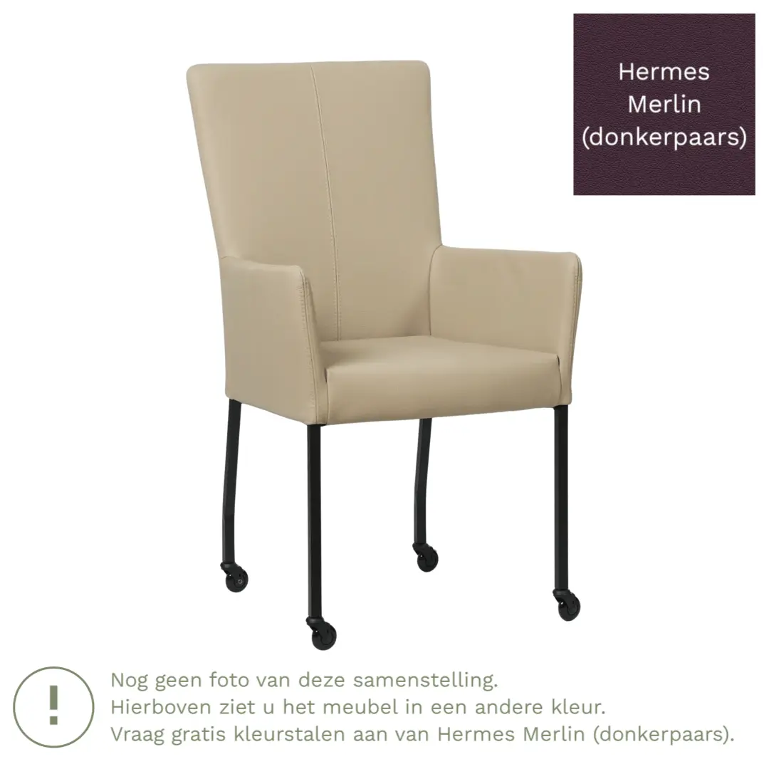 afbeelding van Leren eetkamerstoel Deal met armleuning - Hermes Merlin (donkerpaars) - Poten staal vierkant zwart