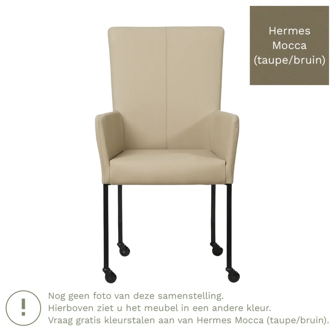 afbeelding van Leren eetkamerstoel Deal met armleuning - Hermes Mocca (taupe/bruin) - Poten staal vierkant RVS