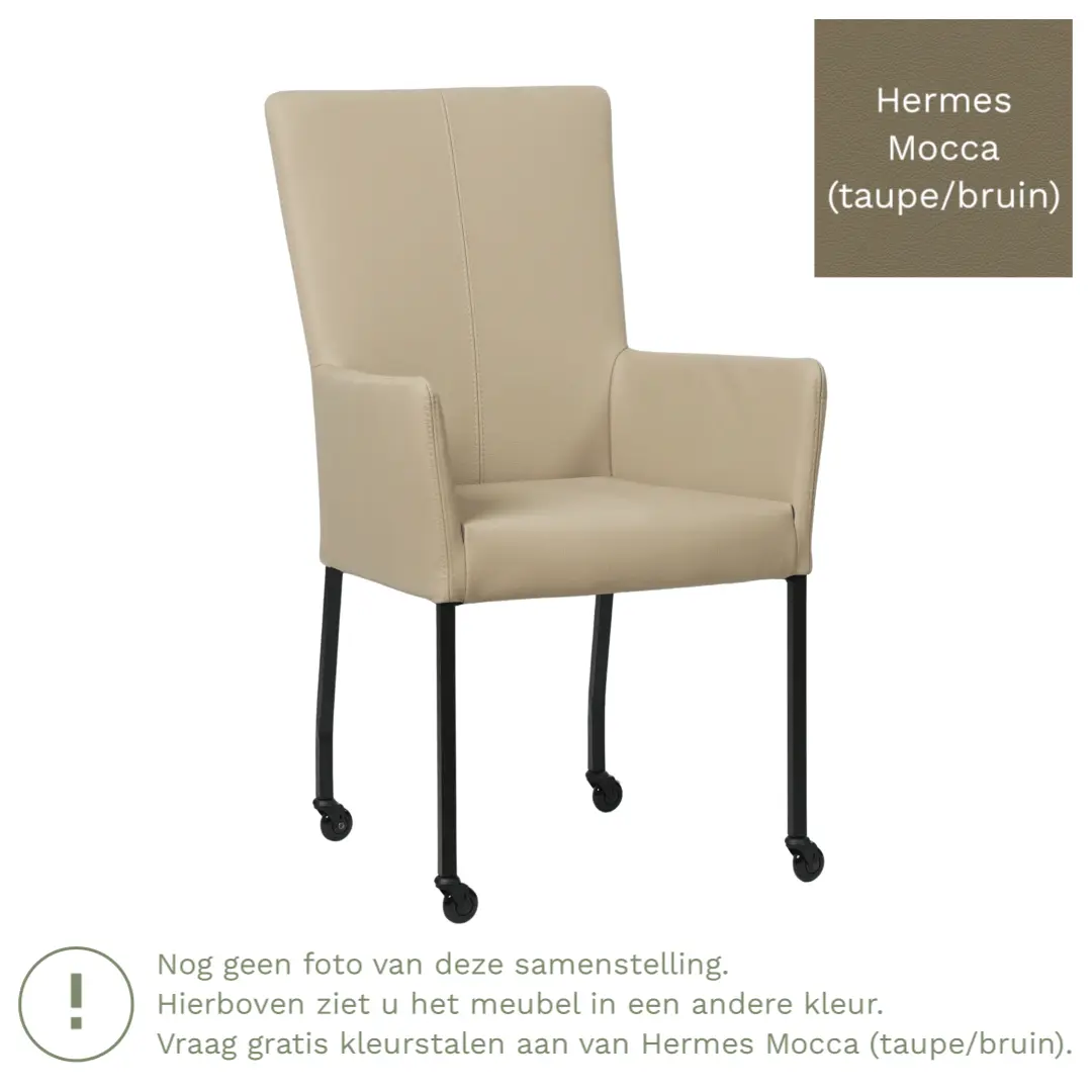 afbeelding van Leren eetkamerstoel Deal met armleuning - Hermes Mocca (taupe/bruin) - Poten staal vierkant zwart