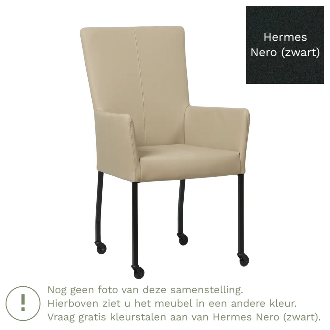 afbeelding van Leren eetkamerstoel Deal met armleuning - Hermes Nero (zwart) - Poten staal vierkant zwart