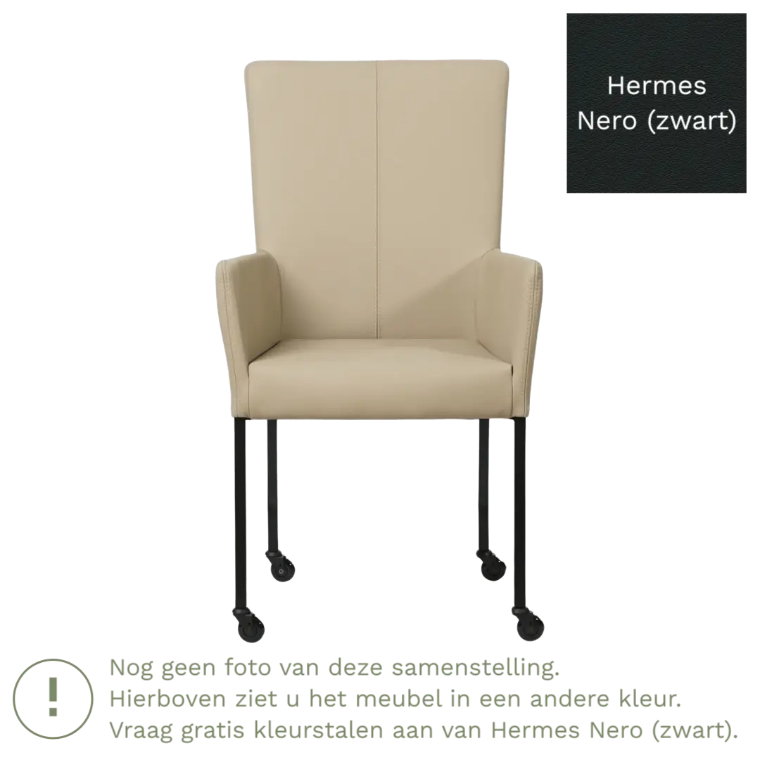 afbeelding van Leren eetkamerstoel Deal met armleuning - Hermes Nero (zwart) - Poten staal vierkant zwart