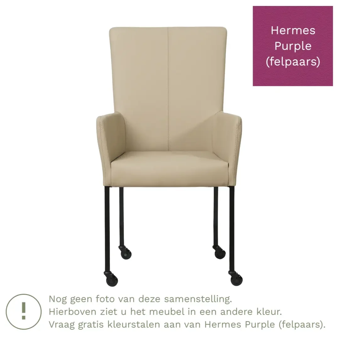 afbeelding van Leren eetkamerstoel Deal met armleuning - Hermes Purple (felpaars) - Poten staal vierkant RVS