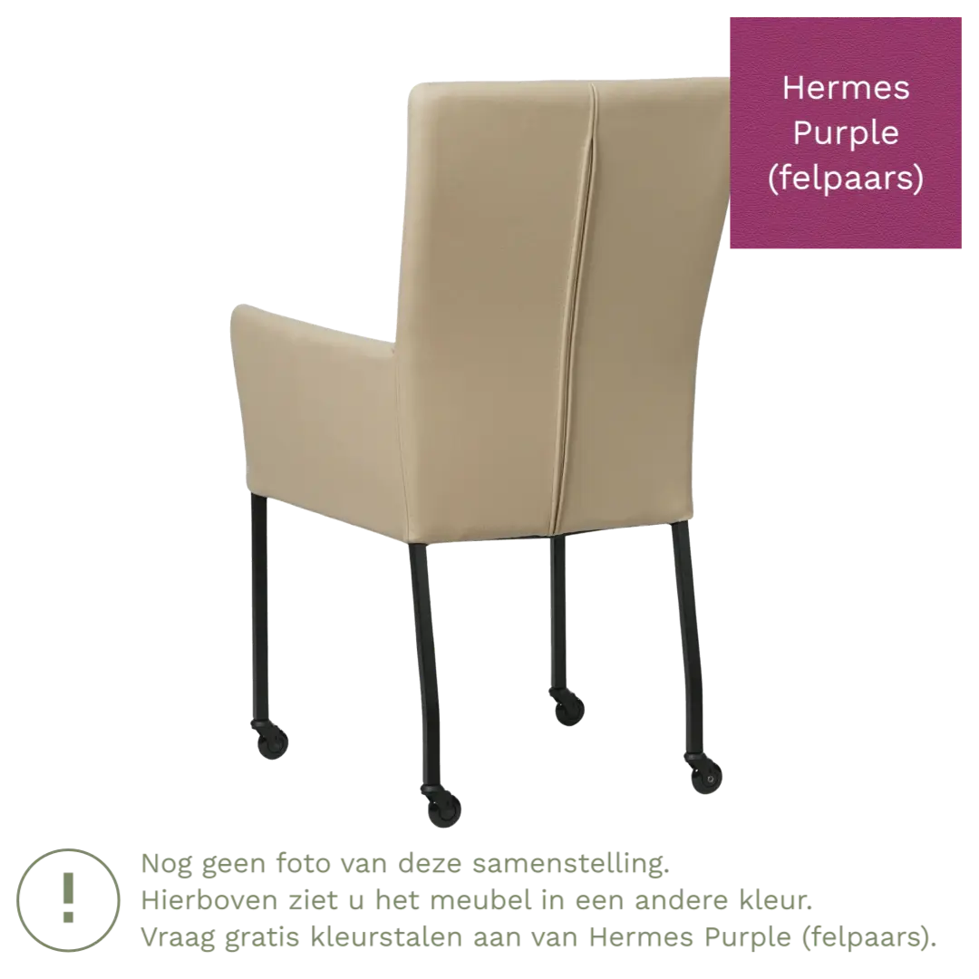 afbeelding van Leren eetkamerstoel Deal met armleuning - Hermes Purple (felpaars) - Poten staal vierkant RVS