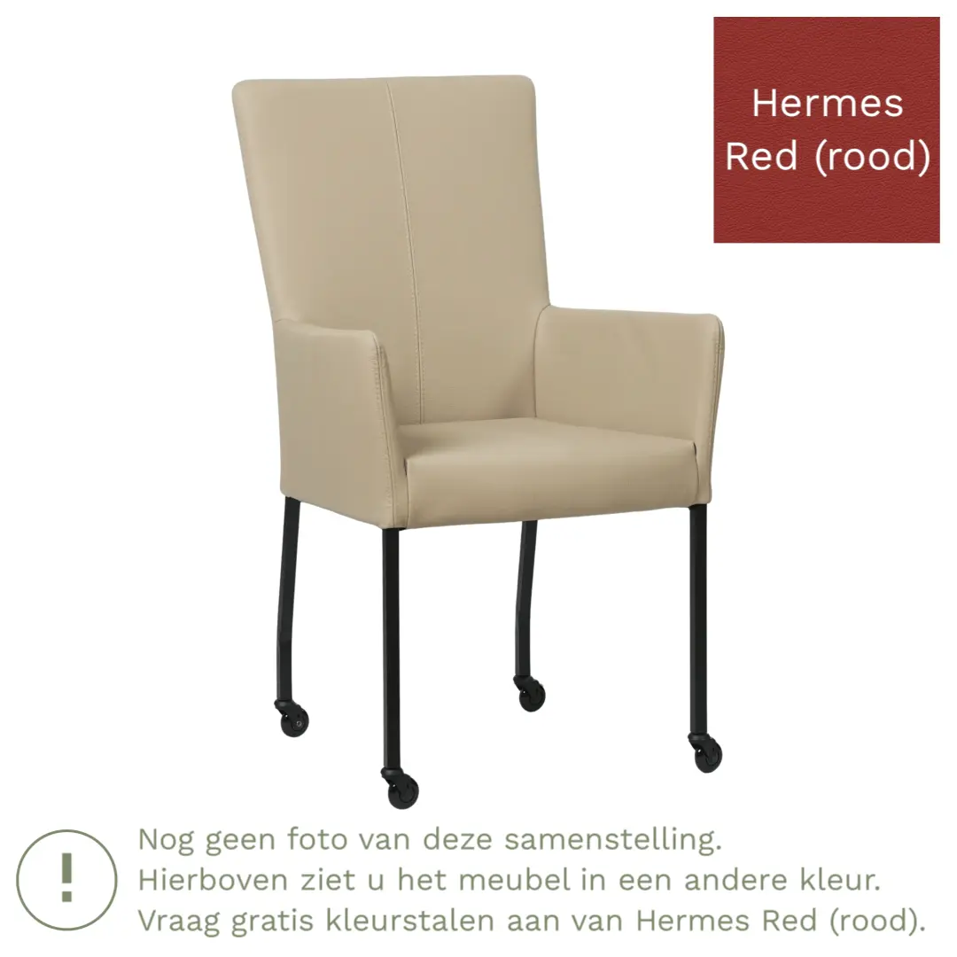 afbeelding van Leren eetkamerstoel Deal met armleuning - Hermes Red (rood) - Poten staal vierkant zwart