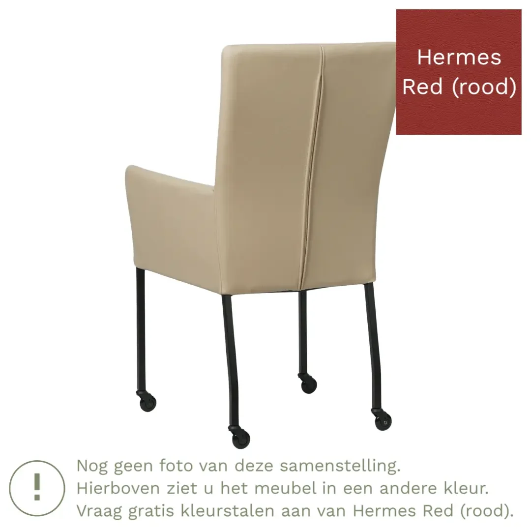 afbeelding van Leren eetkamerstoel Deal met armleuning - Hermes Red (rood) - Poten staal vierkant zwart