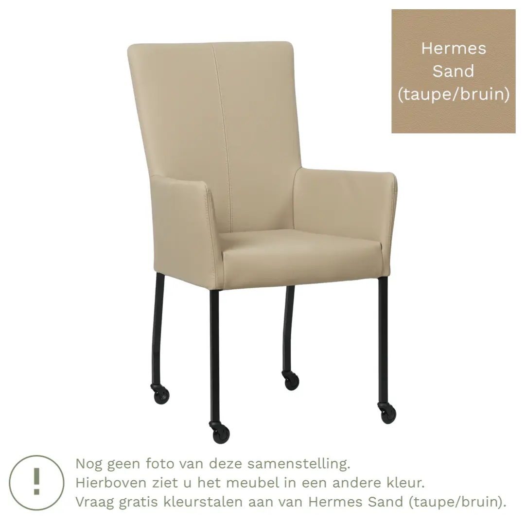 afbeelding van Leren eetkamerstoel Deal met armleuning - Hermes Sand (taupe/bruin) - Poten staal vierkant zwart