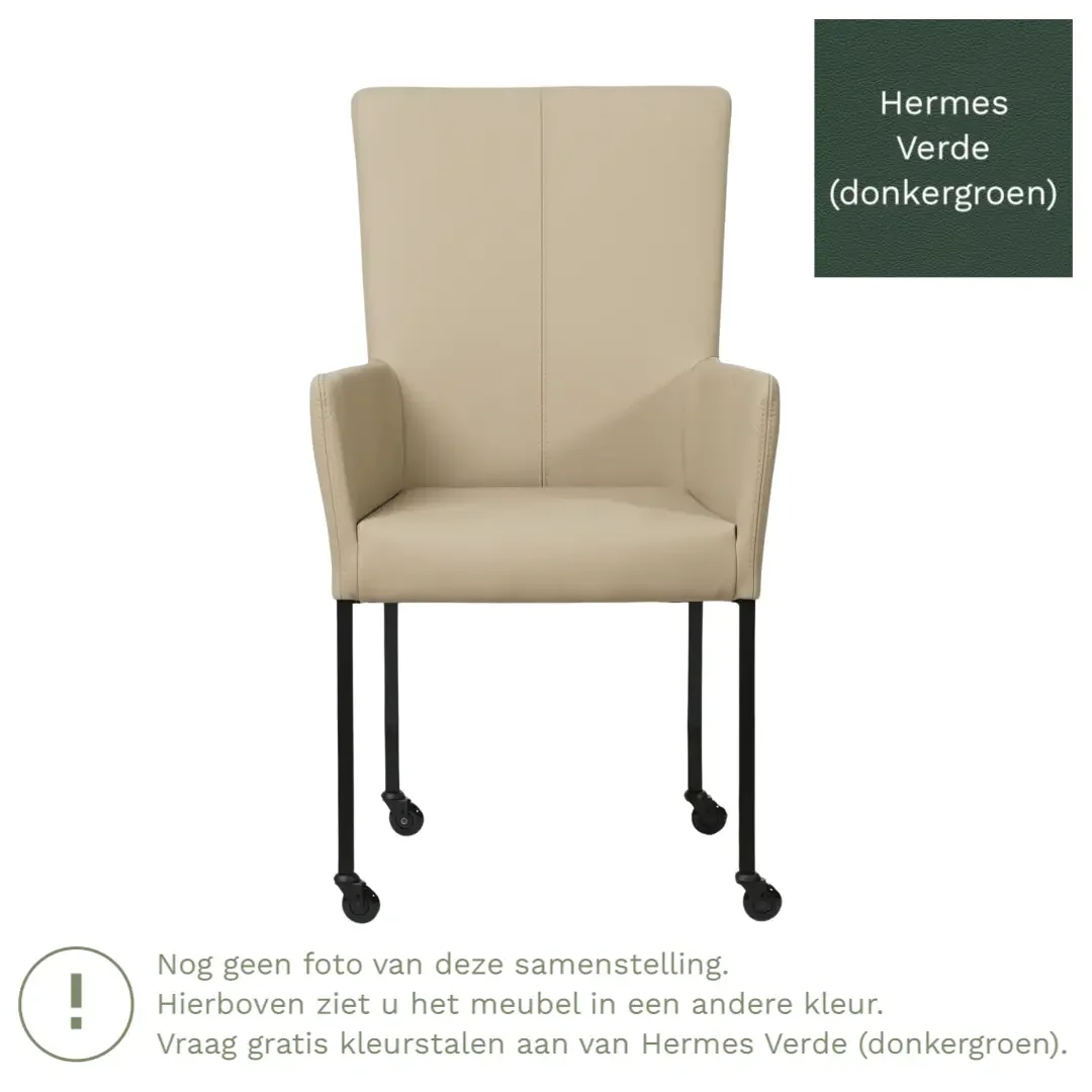 afbeelding van Leren eetkamerstoel Deal met armleuning - Hermes Verde (donkergroen) - Poten staal vierkant RVS