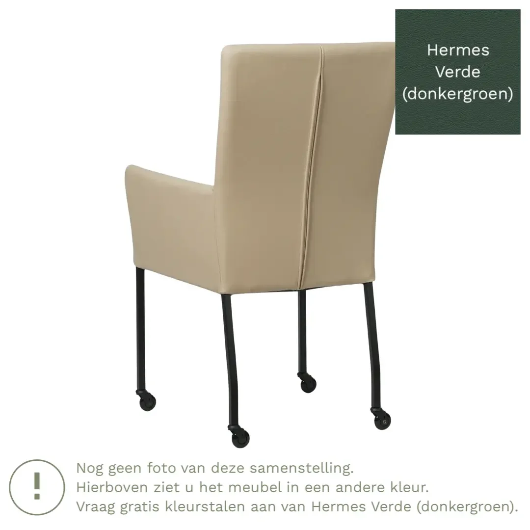 afbeelding van Leren eetkamerstoel Deal met armleuning - Hermes Verde (donkergroen) - Poten staal vierkant RVS