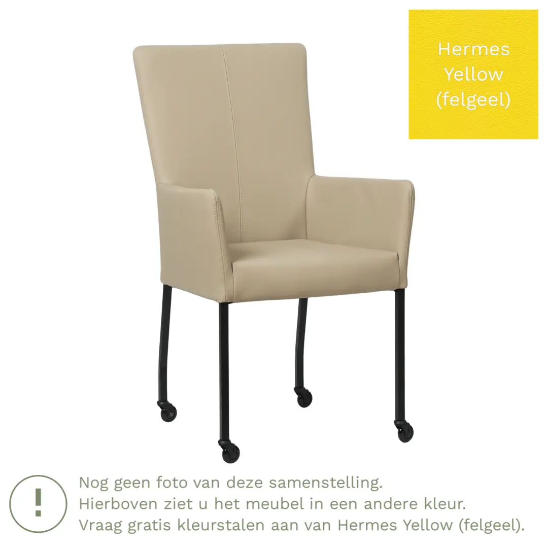 afbeelding van Leren eetkamerstoel Deal met armleuning - Hermes Yellow (felgeel) - Poten staal vierkant RVS