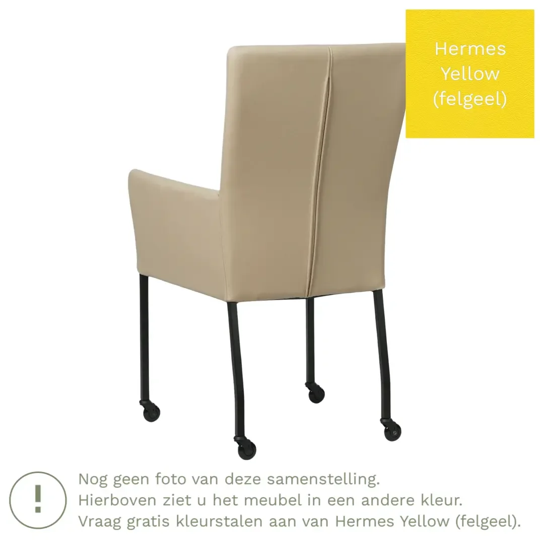 afbeelding van Leren eetkamerstoel Deal met armleuning - Hermes Yellow (felgeel) - Poten staal vierkant RVS