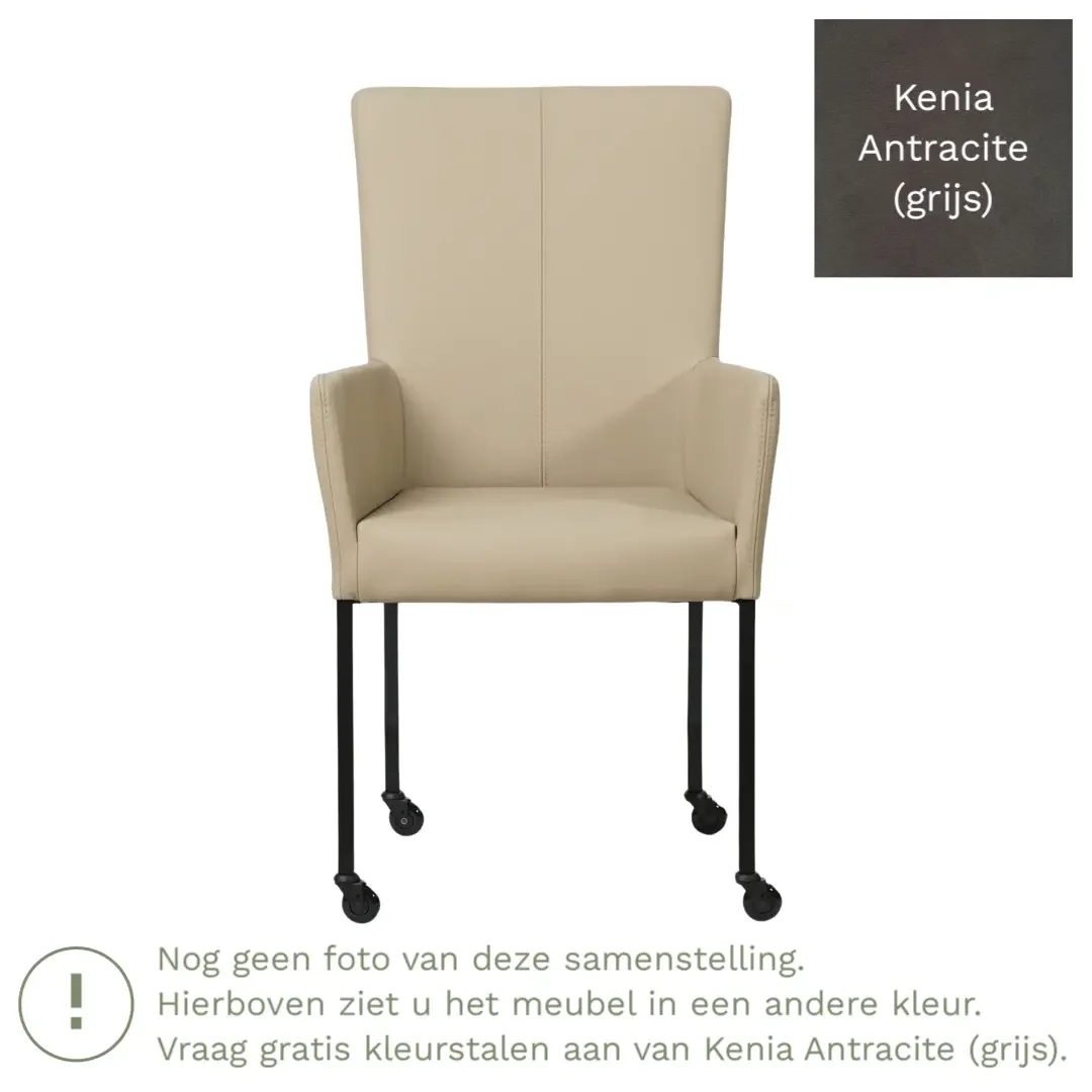 afbeelding van Leren eetkamerstoel Deal met armleuning - Kenia Antracite (grijs) - Poten staal vierkant RVS