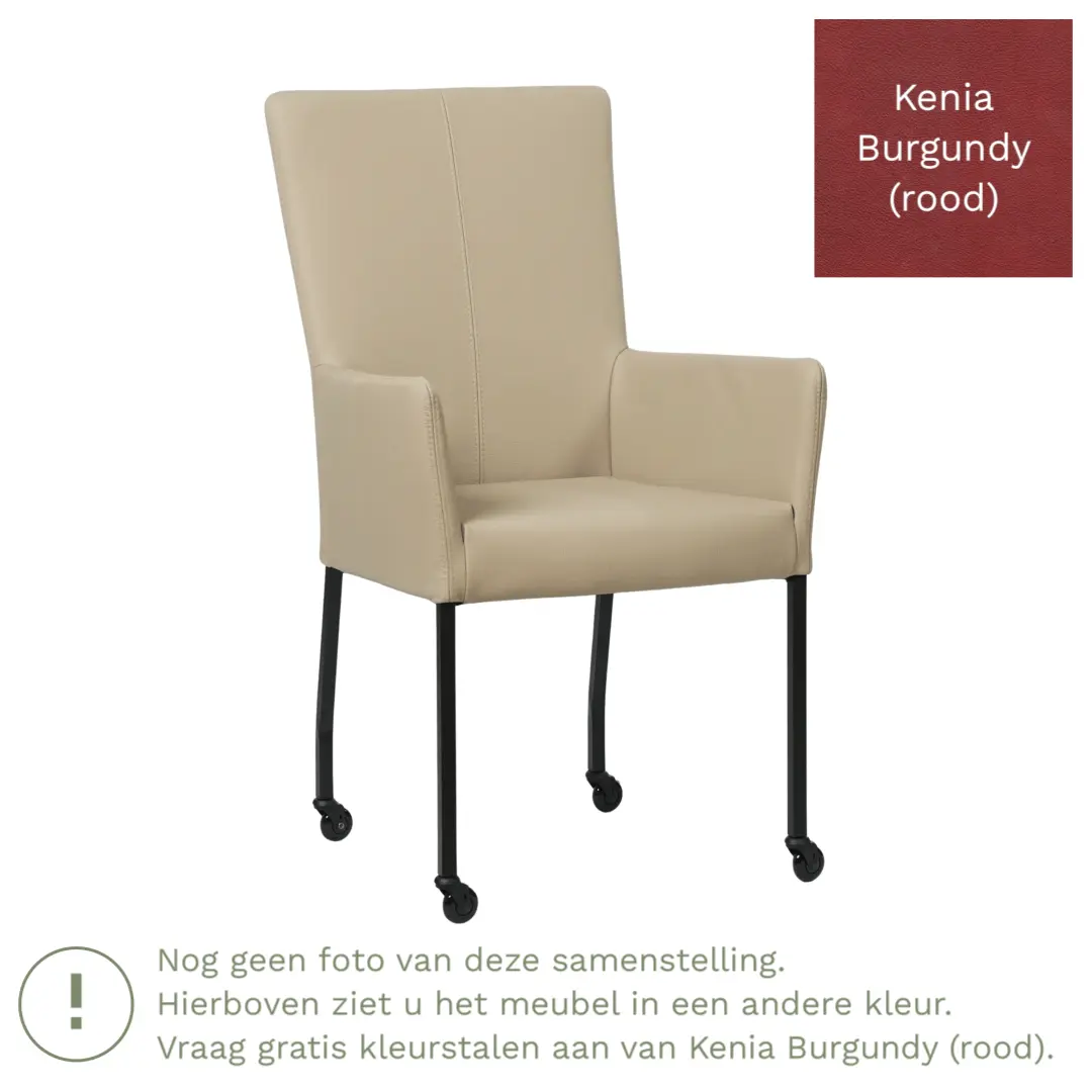 afbeelding van Leren eetkamerstoel Deal met armleuning - Kenia Burgundy (rood) - Poten staal vierkant zwart