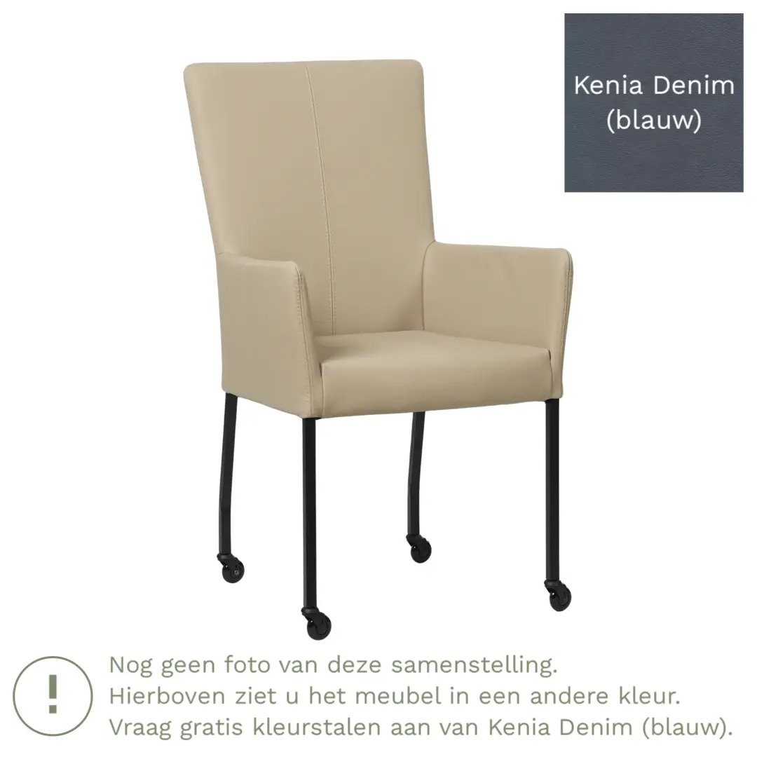 afbeelding van Leren eetkamerstoel Deal met armleuning - Kenia Denim (blauw) - Poten staal vierkant RVS