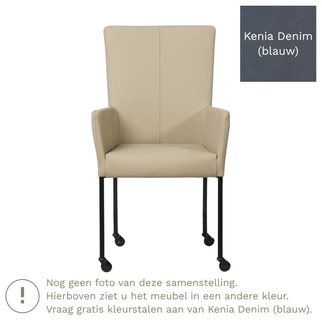 afbeelding van Leren eetkamerstoel Deal met armleuning - Kenia Denim (blauw) - Poten staal vierkant zwart