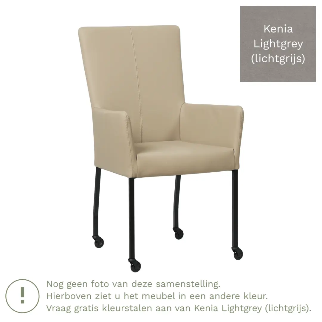 afbeelding van Leren eetkamerstoel Deal met armleuning - Kenia Lightgrey (lichtgrijs) - Poten staal vierkant RVS