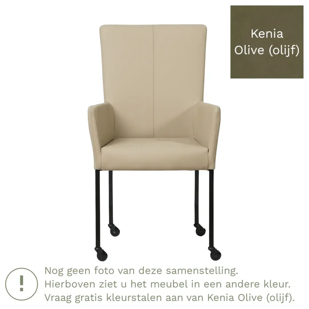 afbeelding van Leren eetkamerstoel Deal met armleuning - Kenia Olive (olijf) - Poten staal vierkant RVS