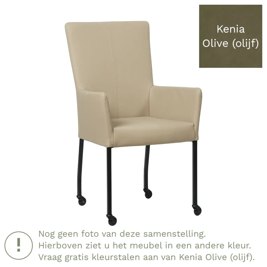 afbeelding van Leren eetkamerstoel Deal met armleuning - Kenia Olive (olijf) - Poten staal vierkant zwart