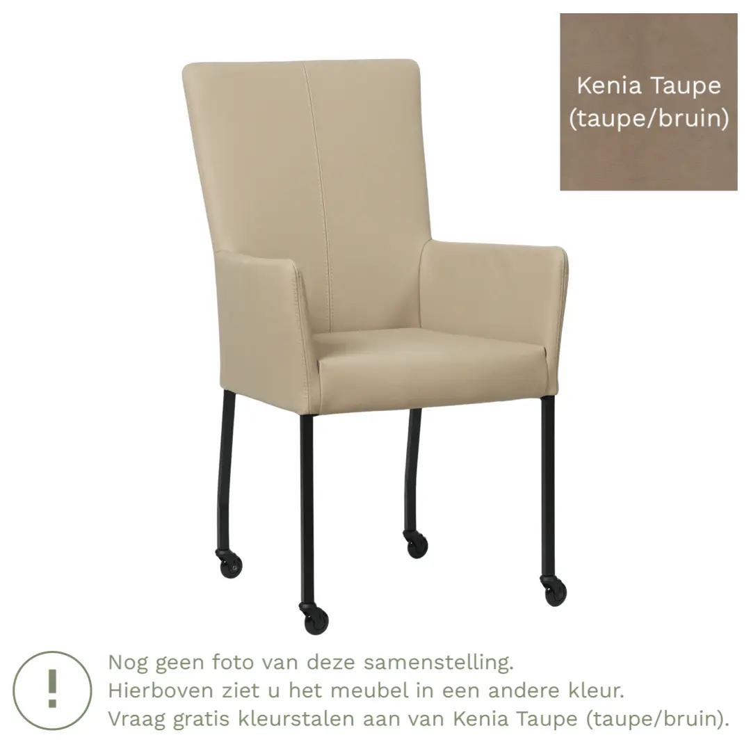 afbeelding van Leren eetkamerstoel Deal met armleuning - Kenia Taupe (taupe/bruin) - Poten staal vierkant RVS