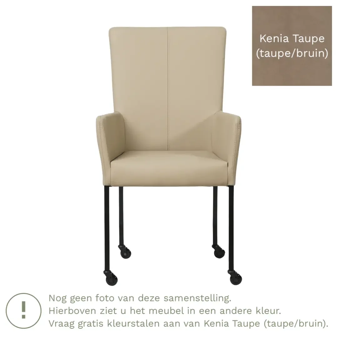 afbeelding van Leren eetkamerstoel Deal met armleuning - Kenia Taupe (taupe/bruin) - Poten staal vierkant RVS