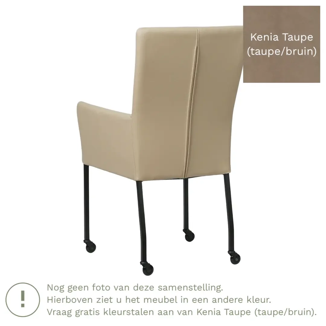 afbeelding van Leren eetkamerstoel Deal met armleuning - Kenia Taupe (taupe/bruin) - Poten staal vierkant RVS