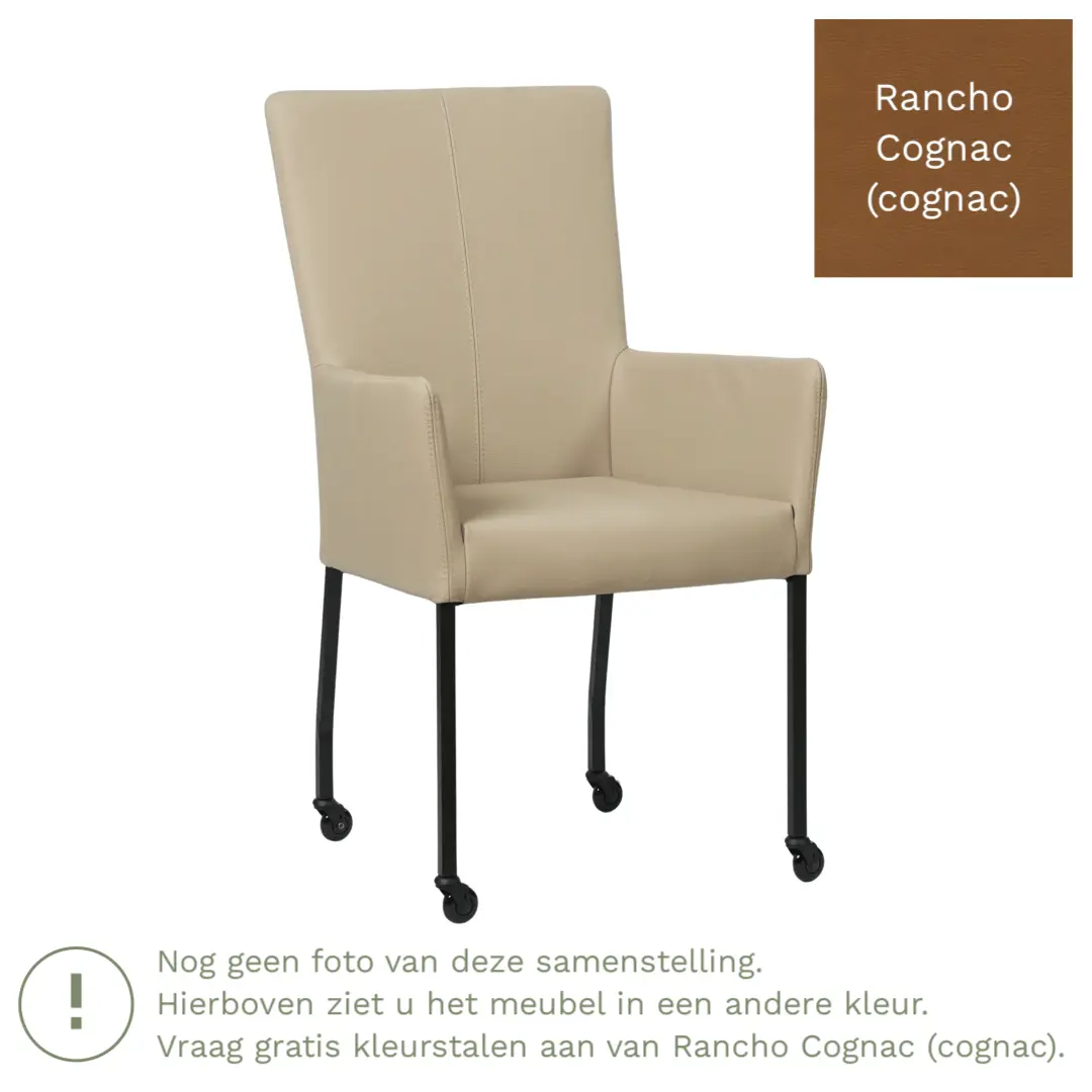 afbeelding van Leren eetkamerstoel Deal met armleuning - Rancho Cognac (cognac) - Poten staal vierkant RVS