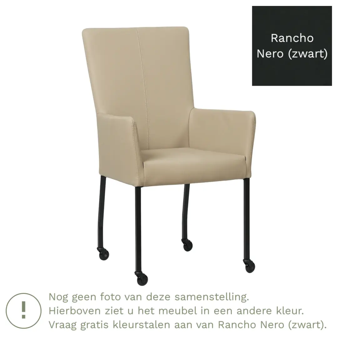 afbeelding van Leren eetkamerstoel Deal met armleuning - Rancho Nero (zwart) - Poten staal vierkant zwart