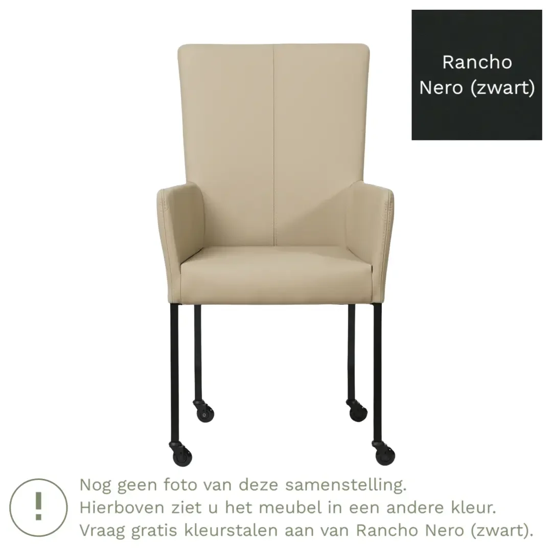 afbeelding van Leren eetkamerstoel Deal met armleuning - Rancho Nero (zwart) - Poten staal vierkant zwart
