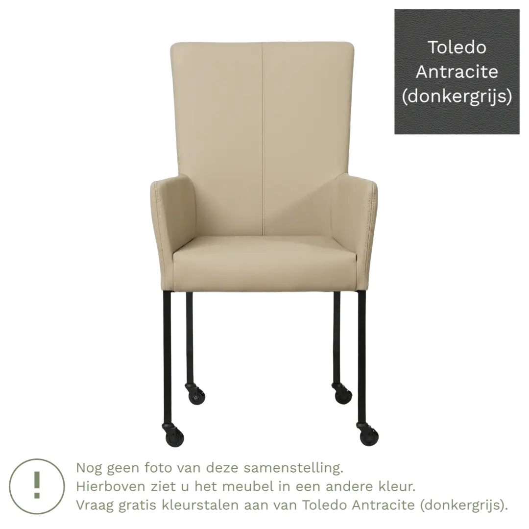 afbeelding van Leren eetkamerstoel Deal met armleuning - Toledo Antracite (donkergrijs) - Poten staal vierkant RVS