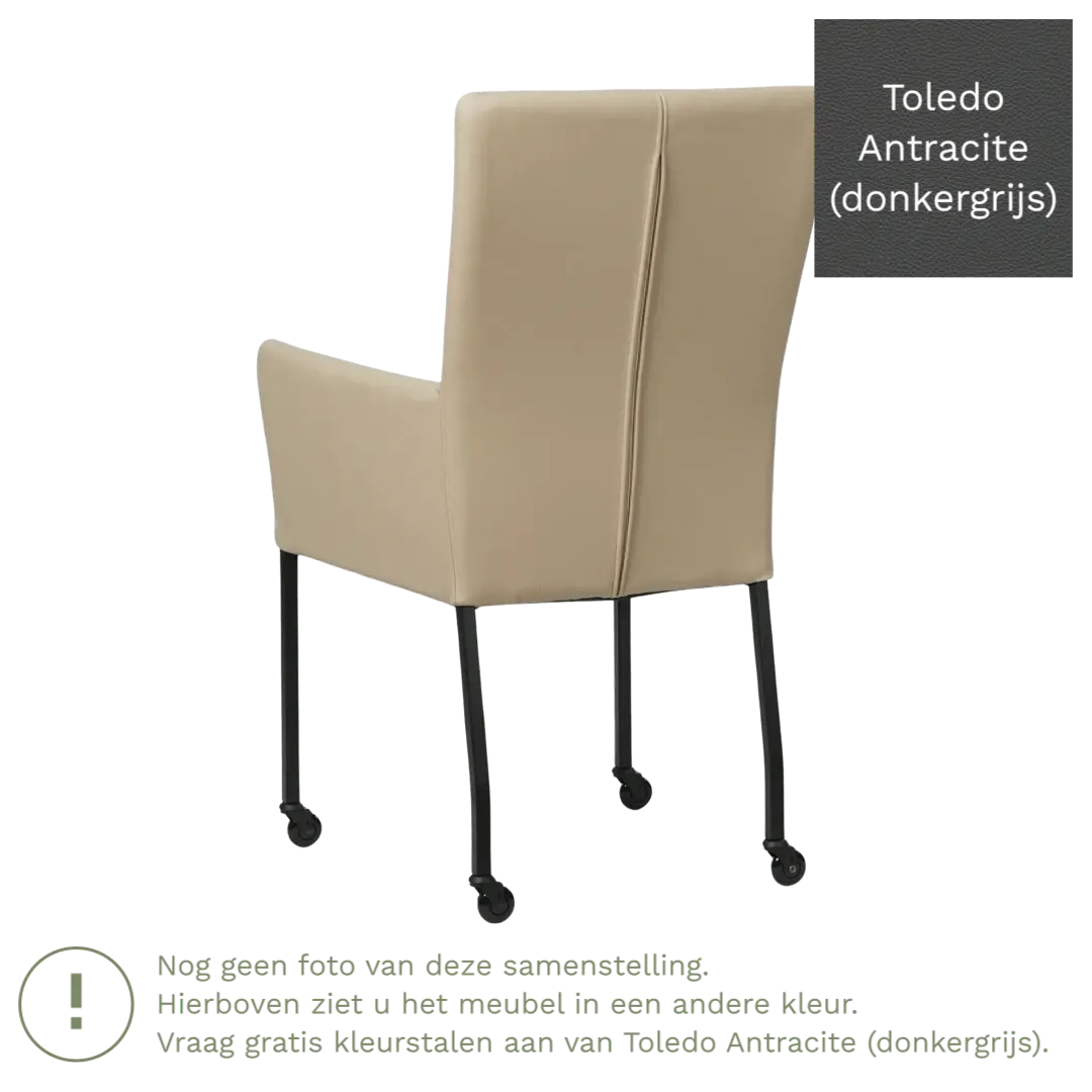 afbeelding van Leren eetkamerstoel Deal met armleuning - Toledo Antracite (donkergrijs) - Poten staal vierkant RVS