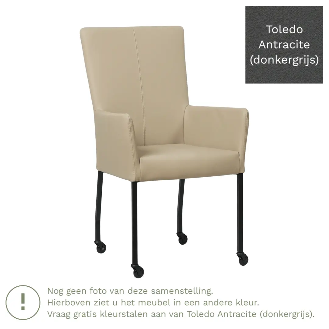 afbeelding van Leren eetkamerstoel Deal met armleuning - Toledo Antracite (donkergrijs) - Poten staal vierkant zwart