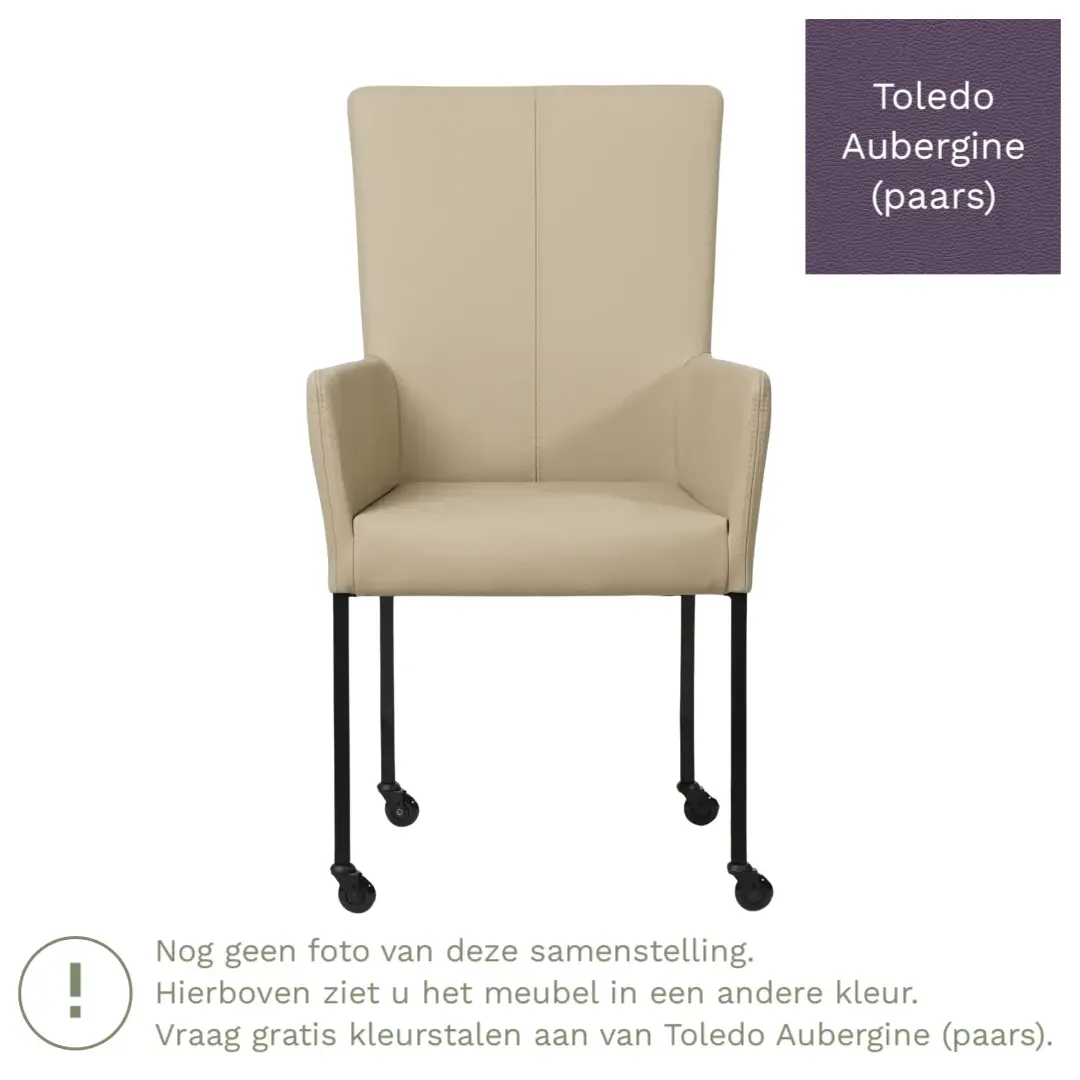 afbeelding van Leren eetkamerstoel Deal met armleuning - Toledo Aubergine (paars) - Poten staal vierkant RVS
