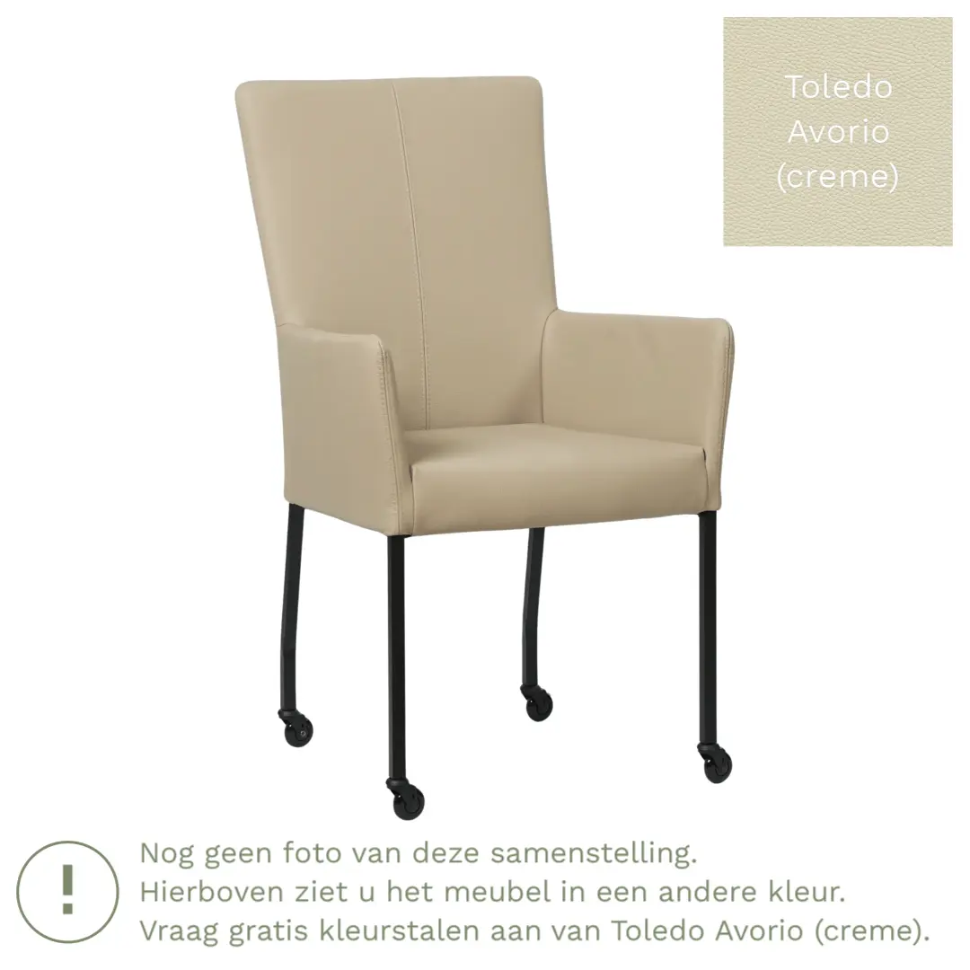 afbeelding van Leren eetkamerstoel Deal met armleuning - Toledo Avorio (crème) - Poten staal vierkant RVS
