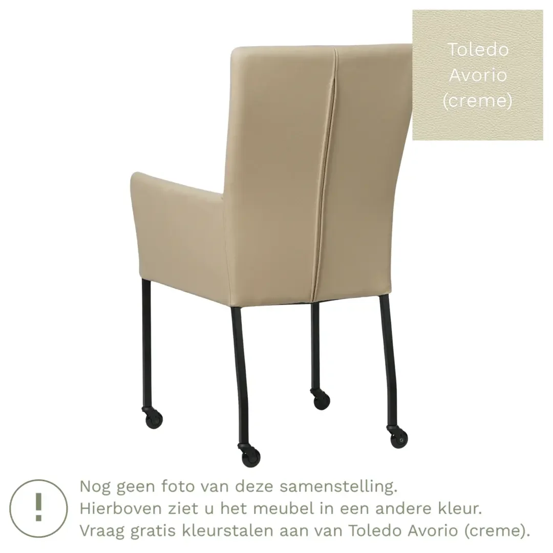afbeelding van Leren eetkamerstoel Deal met armleuning - Toledo Avorio (crème) - Poten staal vierkant RVS