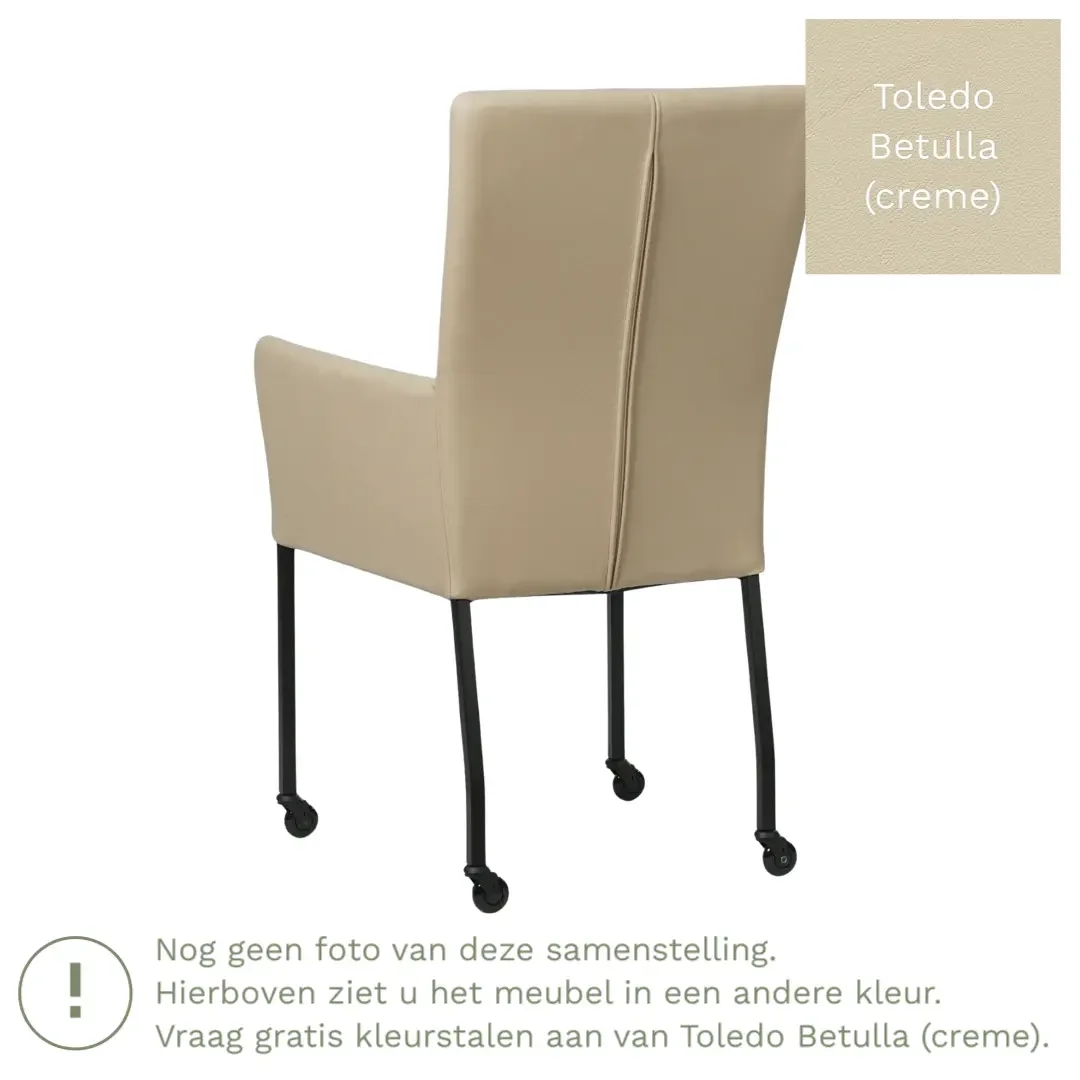 afbeelding van Leren eetkamerstoel Deal met armleuning - Toledo Betulla (crème) - Poten staal vierkant zwart