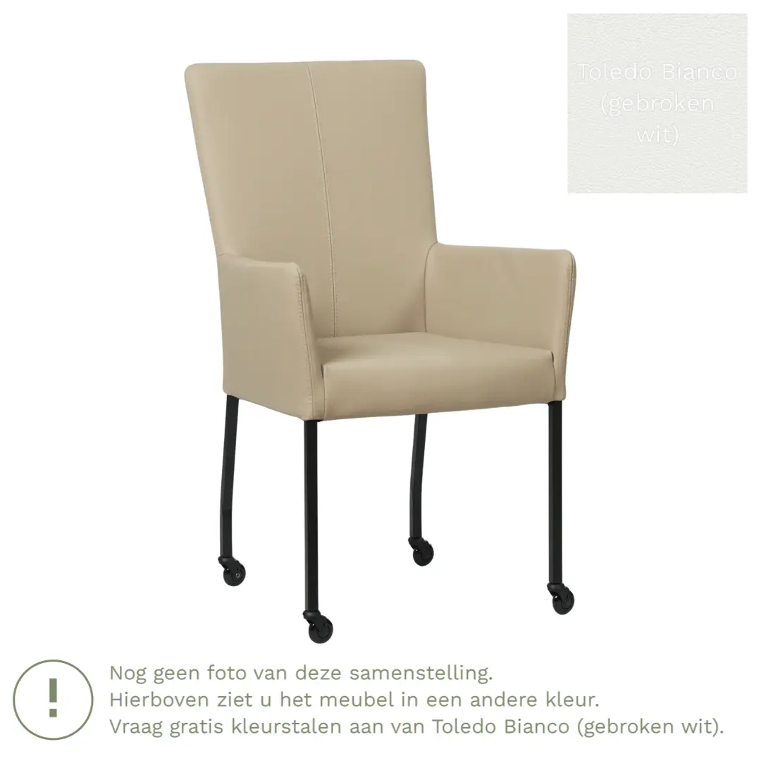 afbeelding van Leren eetkamerstoel Deal met armleuning - Toledo Bianco (gebroken wit) - Poten staal vierkant zwart