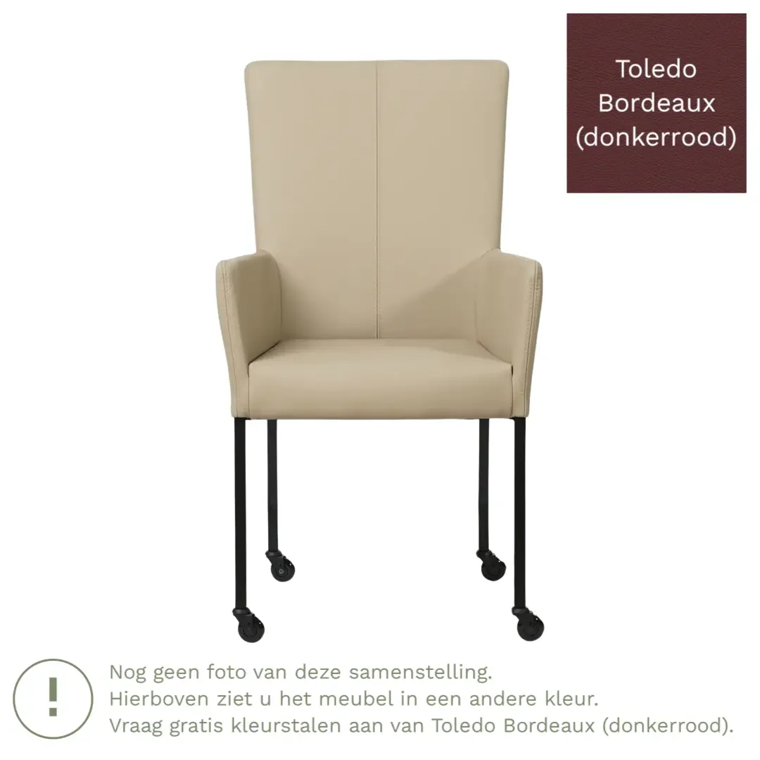 afbeelding van Leren eetkamerstoel Deal met armleuning - Toledo Bordeaux (donkerrood) - Poten staal vierkant RVS